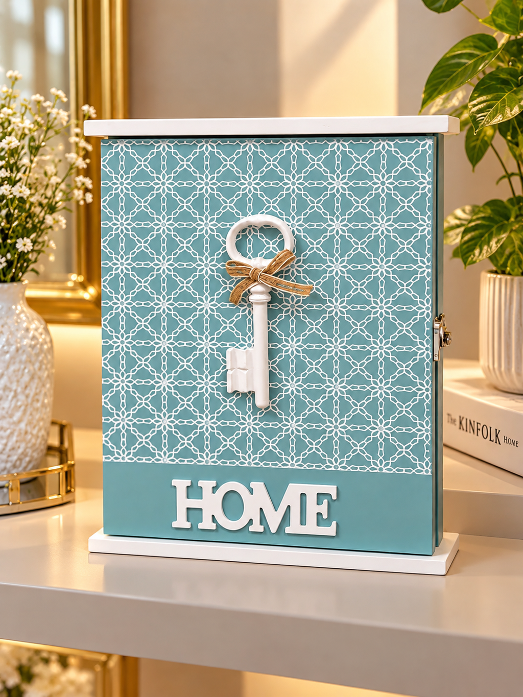 Decorative Key Holder Box – Teal Wooden Wall-Mounted Key Organizer with Key Design