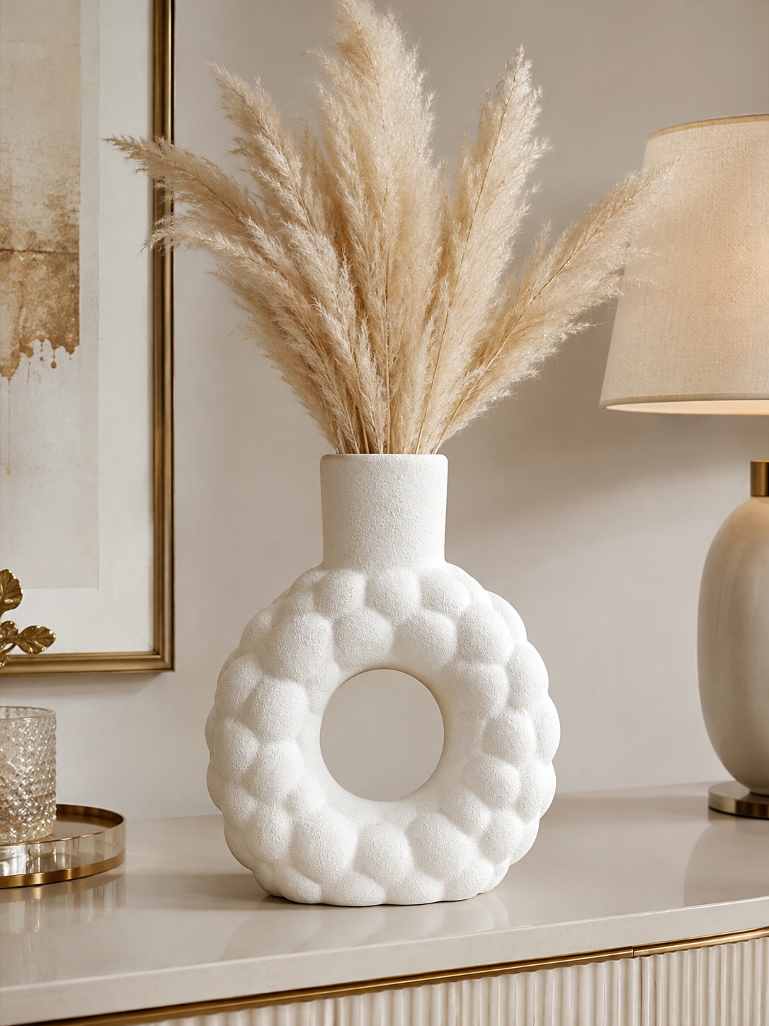 Modern White Textured Ceramic-Style Vase with Round Cut-Out Design