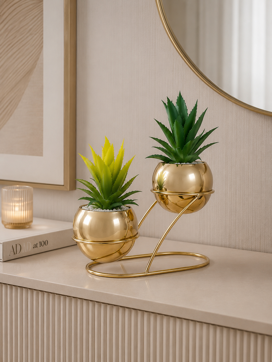 Modern Gold Metal Double Planter Stand – Decorative Dual Flower Pot Holder for Indoor Home & Office Décor