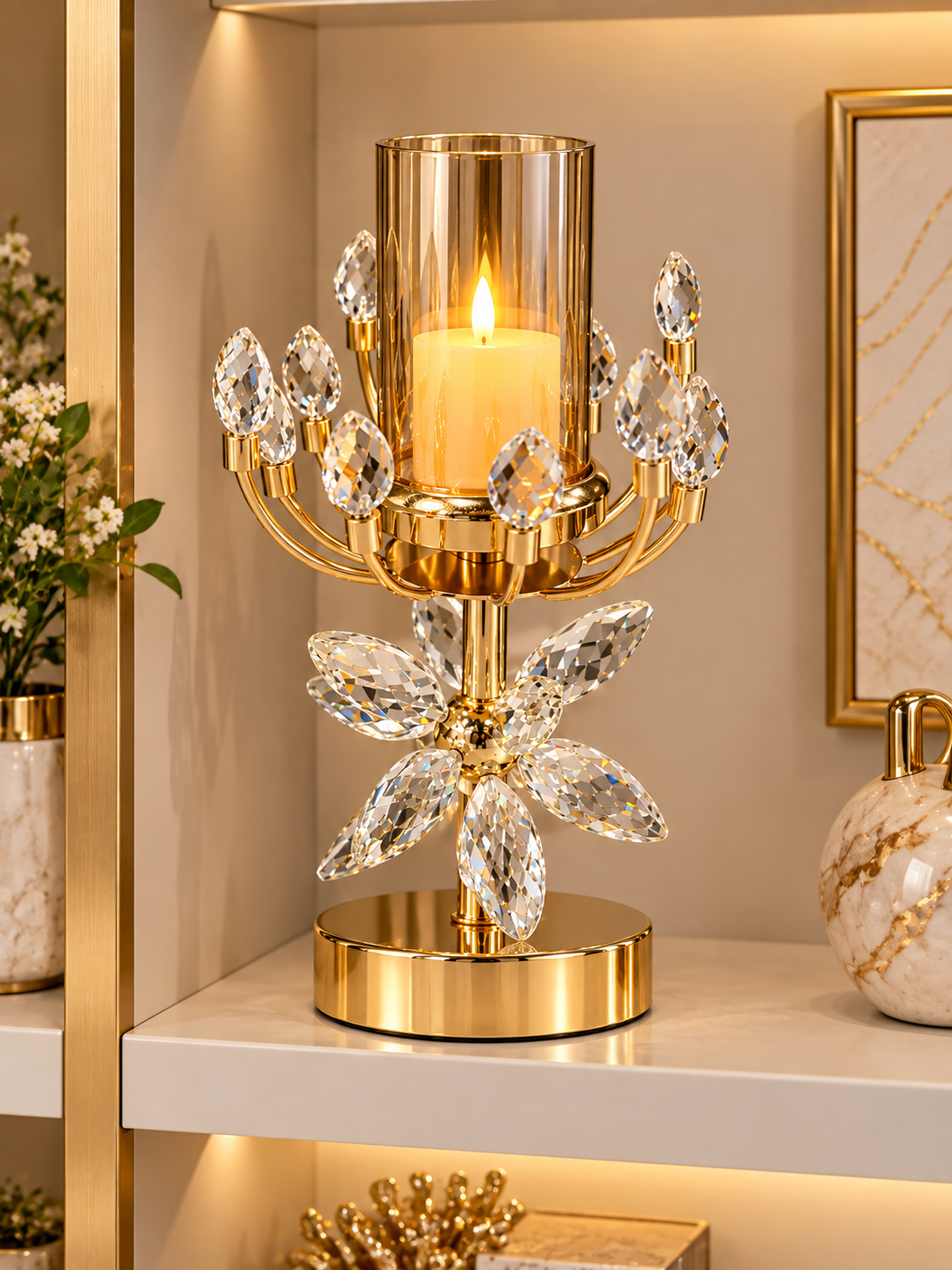 Luxury Gold Crystal Floral Candle Holder with Butterfly Flower Design