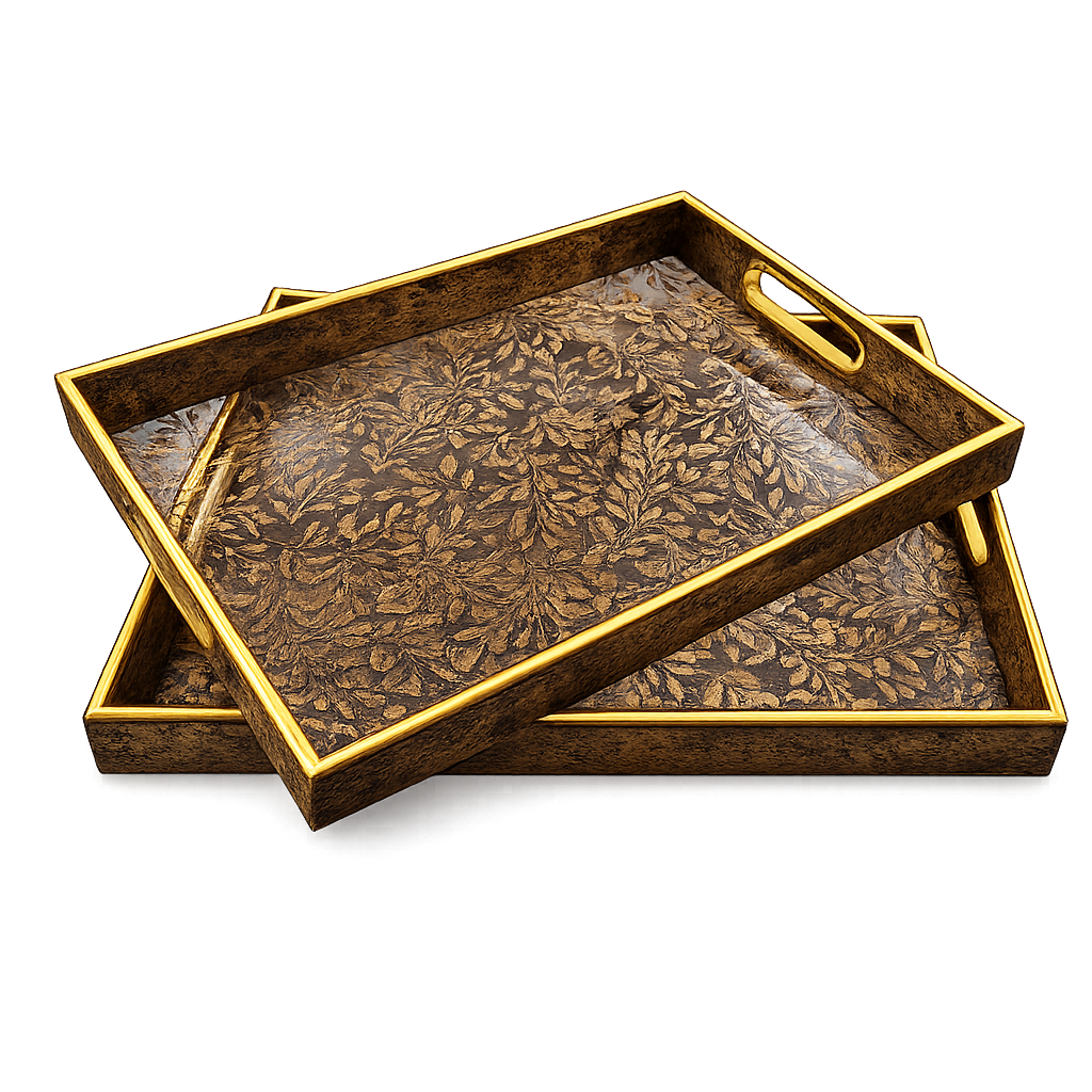 Luxury Antique Gold Leaf Pattern Serving Tray Set – Acrylic Decorative Trays (Set of 2)