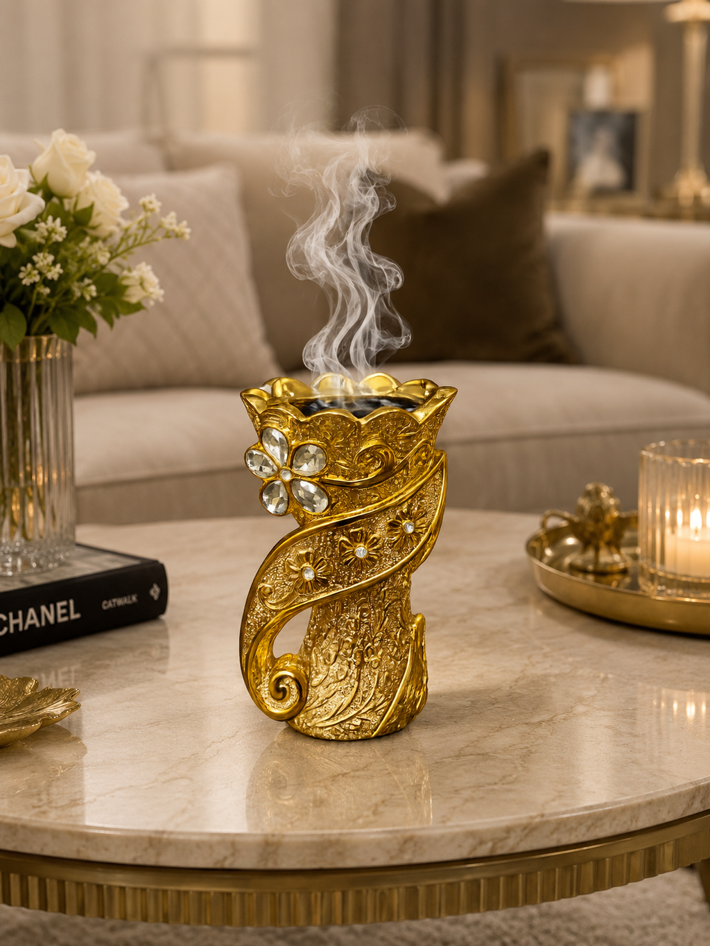 Luxury Gold Decorative Bakhoor Burner with Crystal Floral Design | Traditional Incense Burner | Islamic Home Décor