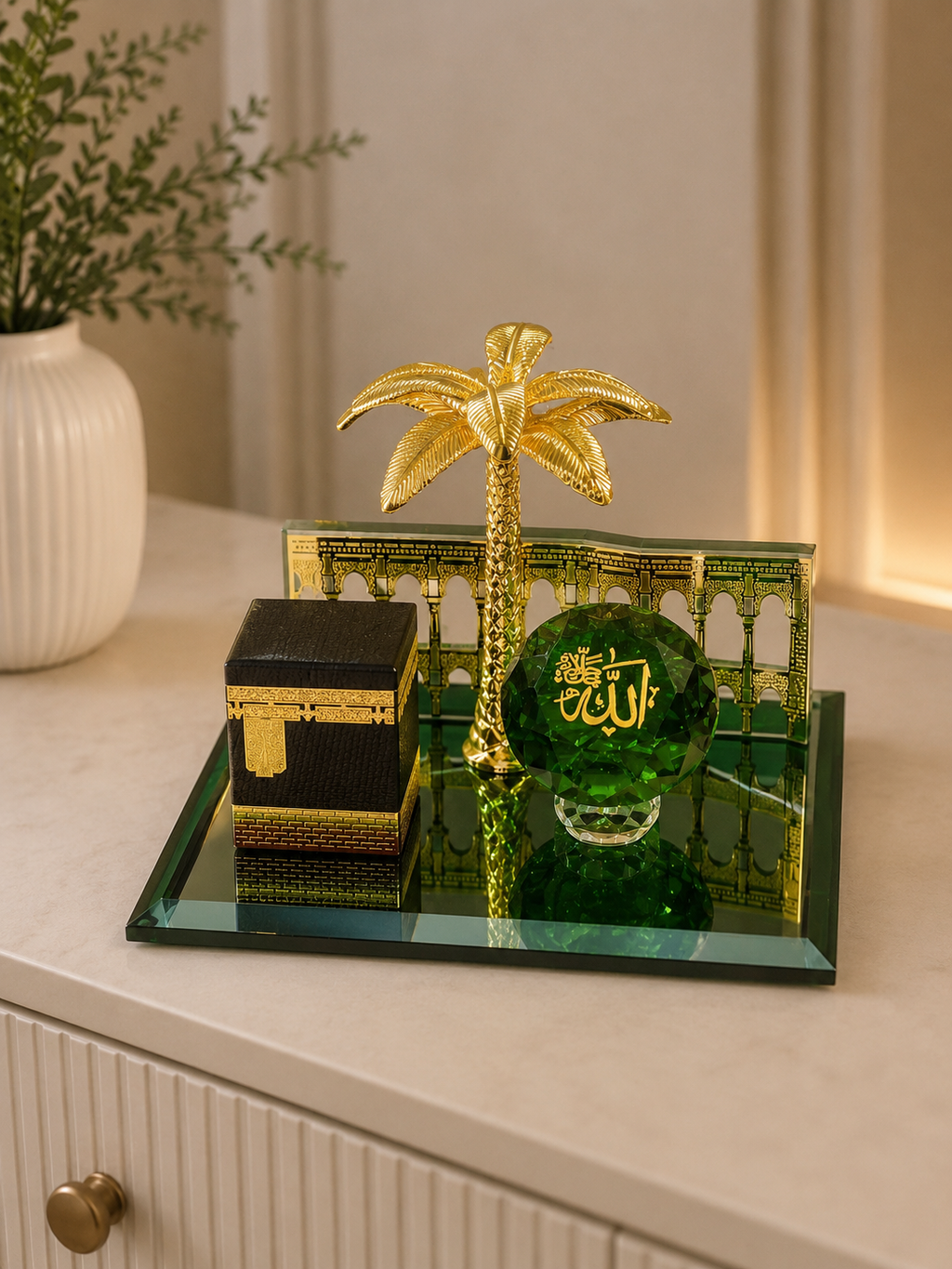 Islamic Kaaba & Allah Crystal Palm Tree Decorative Showpiece – Premium Islamic Décor