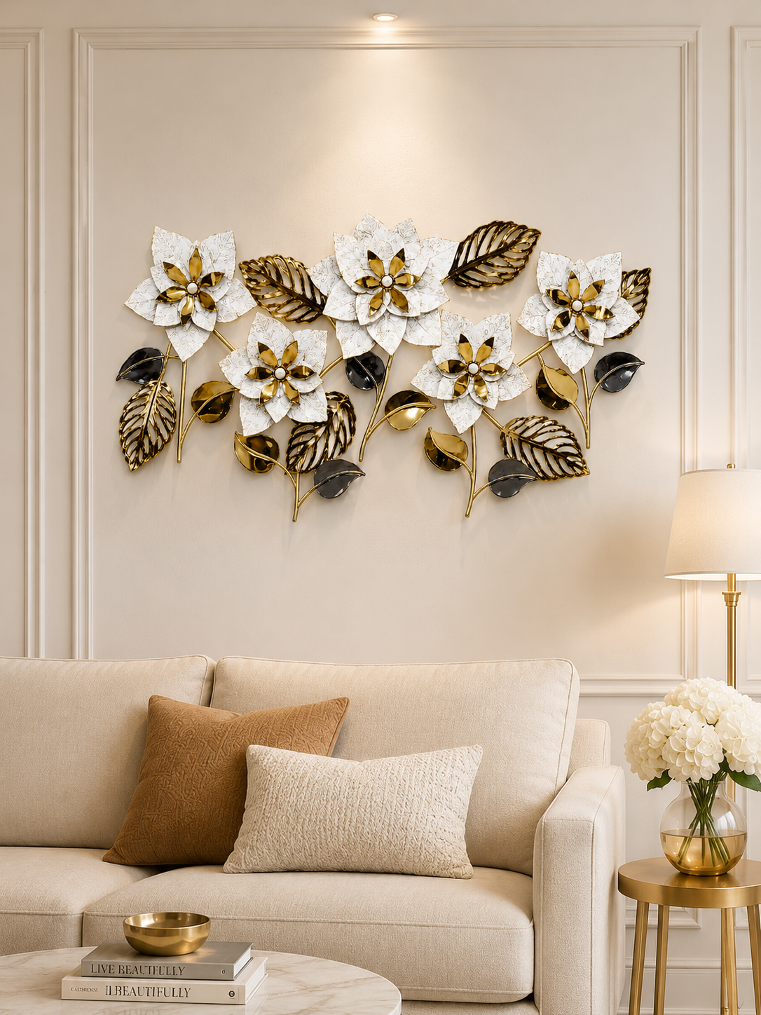 Luxury White & Gold Floral Metal Wall Art | Modern 3D Wall Décor for Living Room