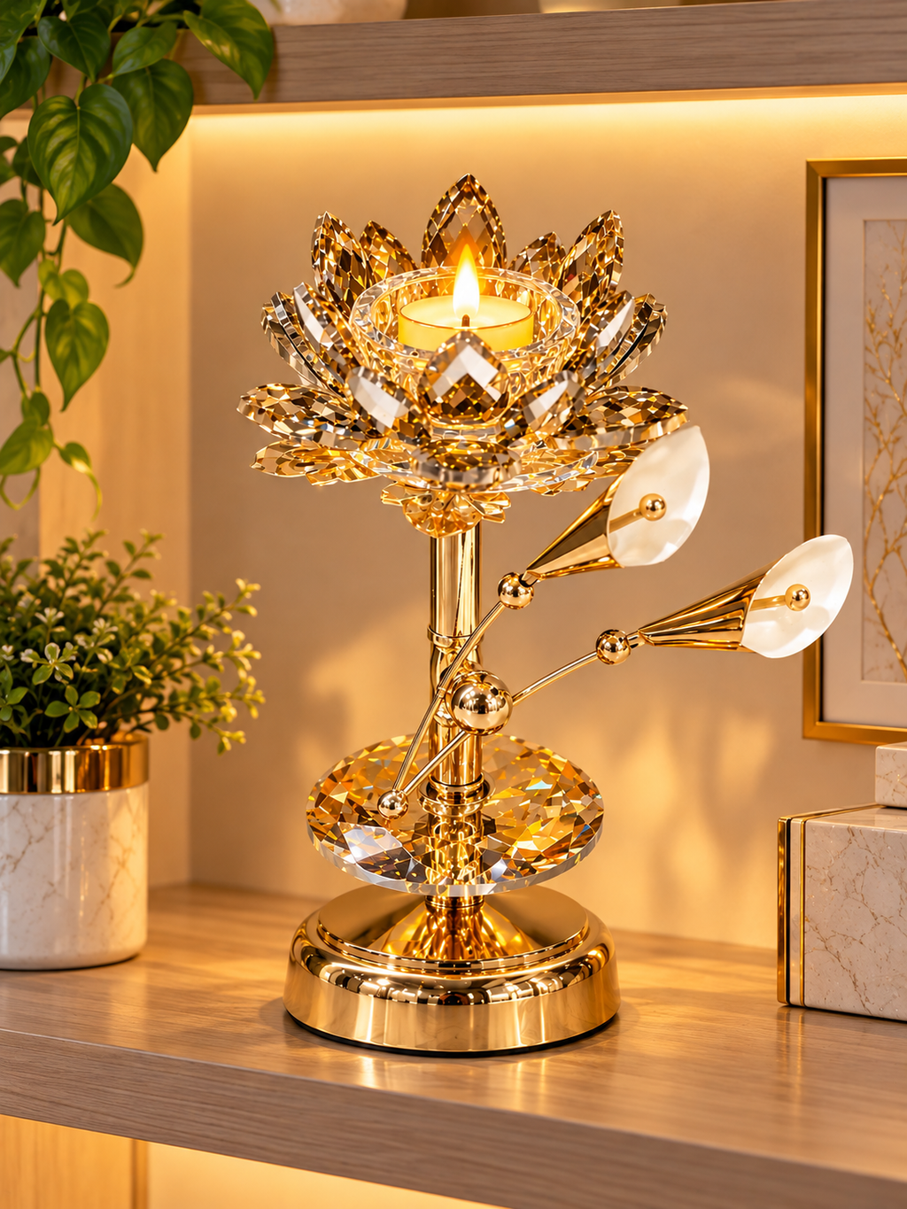 Luxury Crystal Lotus Candle Holder with Decorative Gold Floral Branch Design
