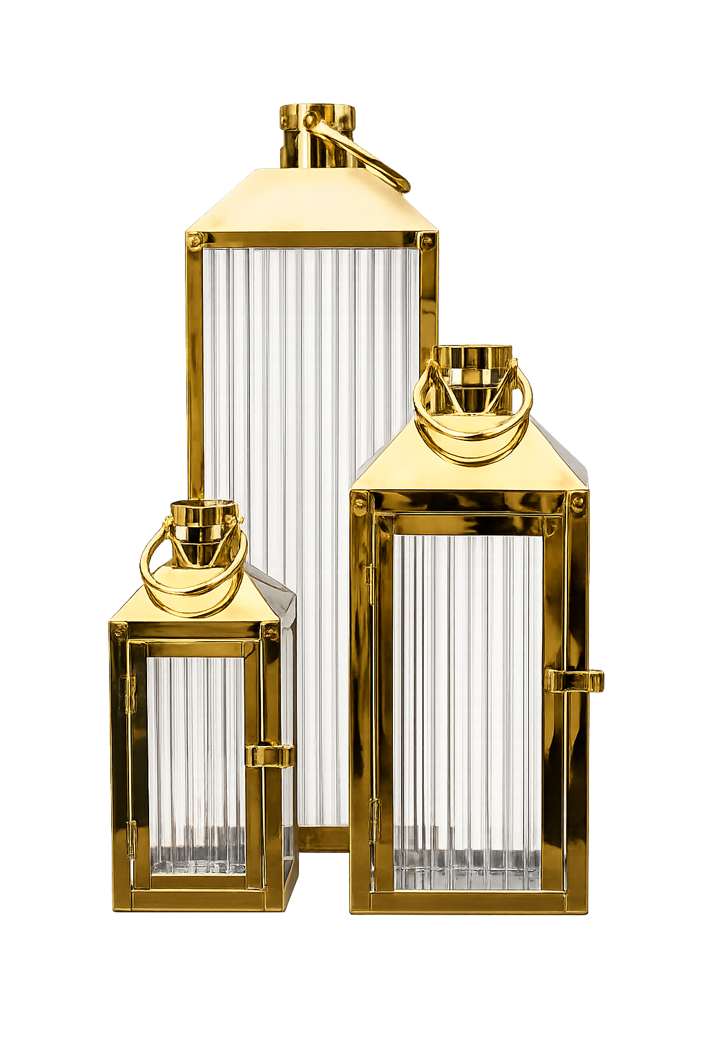Luxury Gold Metal & Ribbed Glass Lantern Set – 3 Piece Decorative Candle Holders