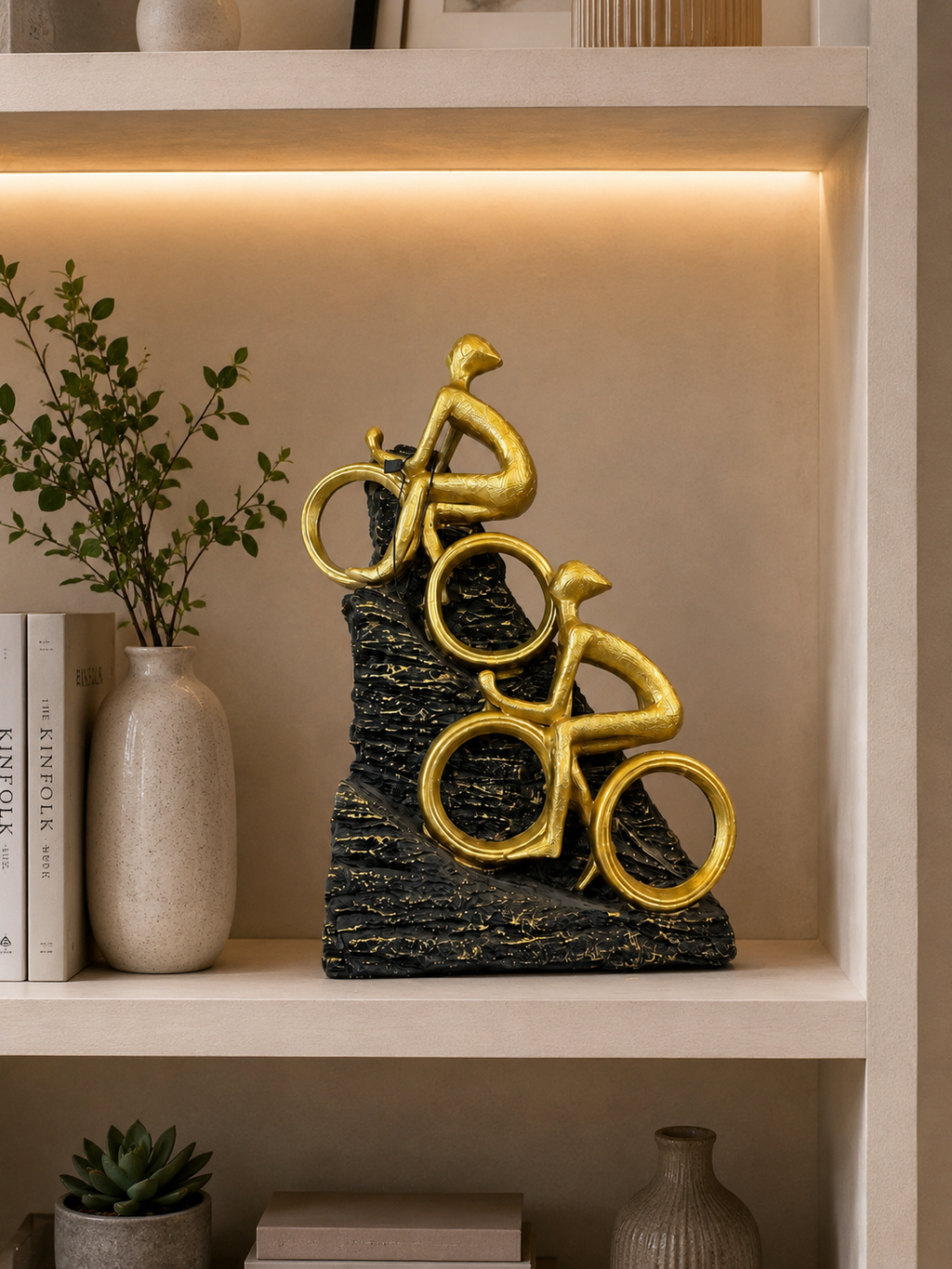Luxury Golden Cyclist Duo Sculpture – Modern Abstract Bicycle Figurine for Home & Office Decor