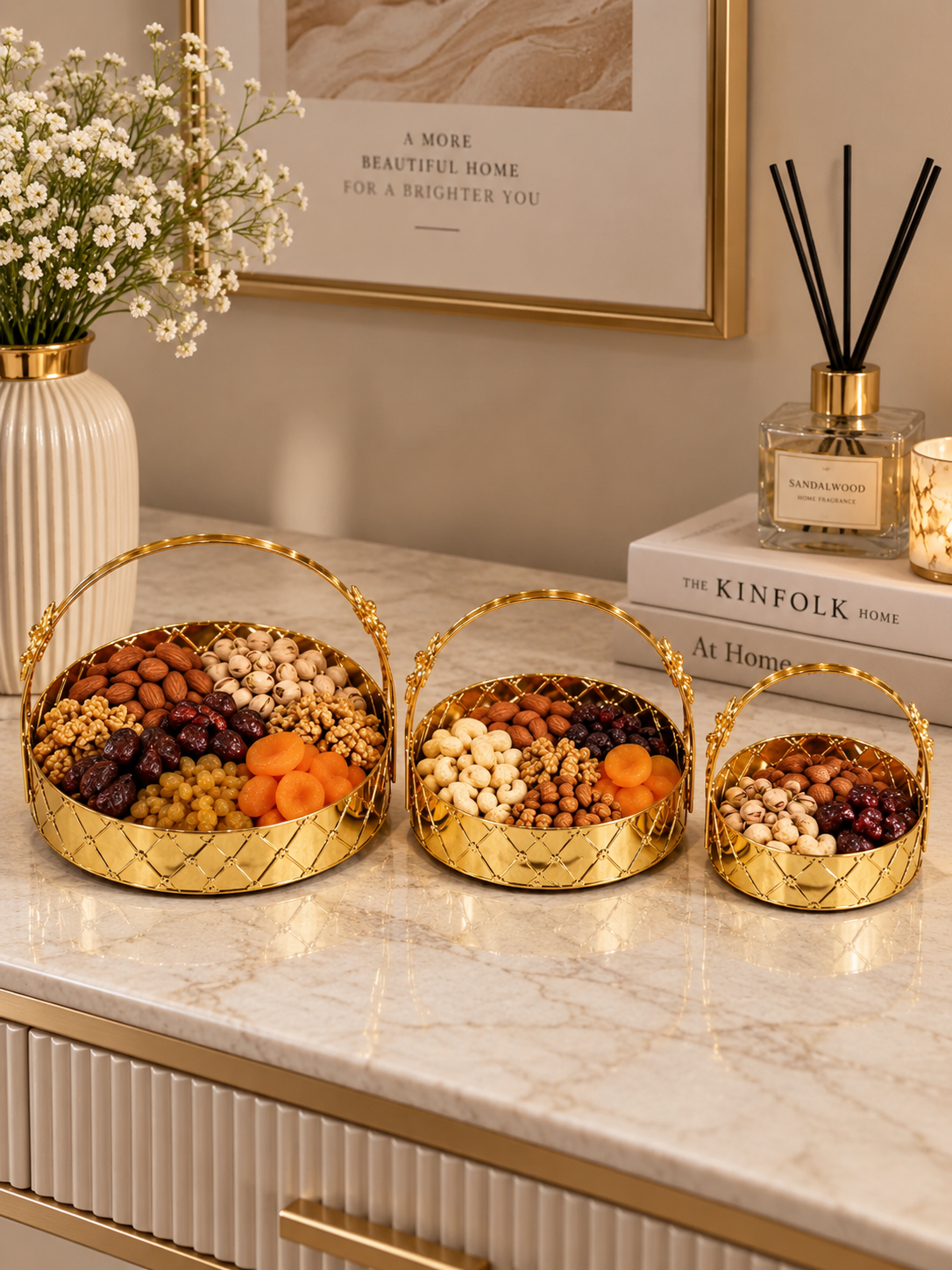 Luxury Golden Decorative Serving Tray Set with Handles – Elegant Tabletop & Home Décor
