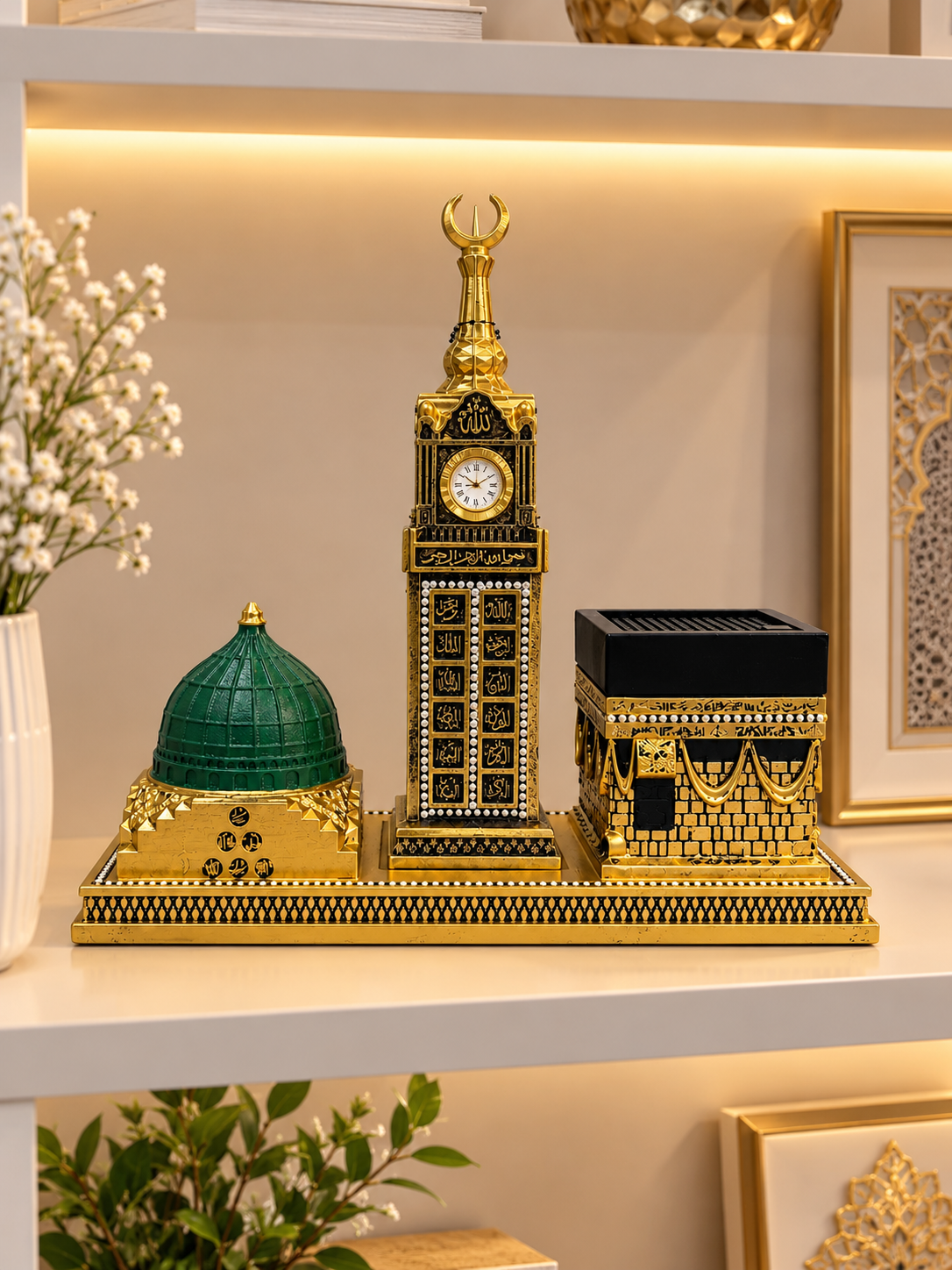 Luxury Islamic 3-Piece Kaaba, Madinah Dome & Islamic Clock Decor Set – Black & Gold