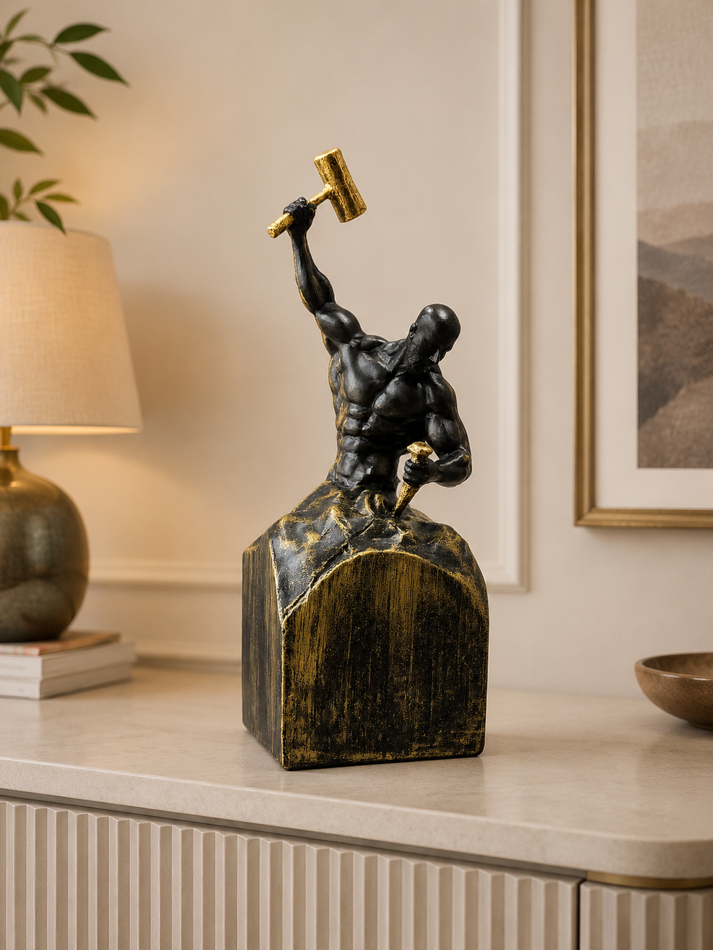 Strength & Determination Resin Sculpture – Modern Abstract Warrior Statue with Hammer (Black & Gold)