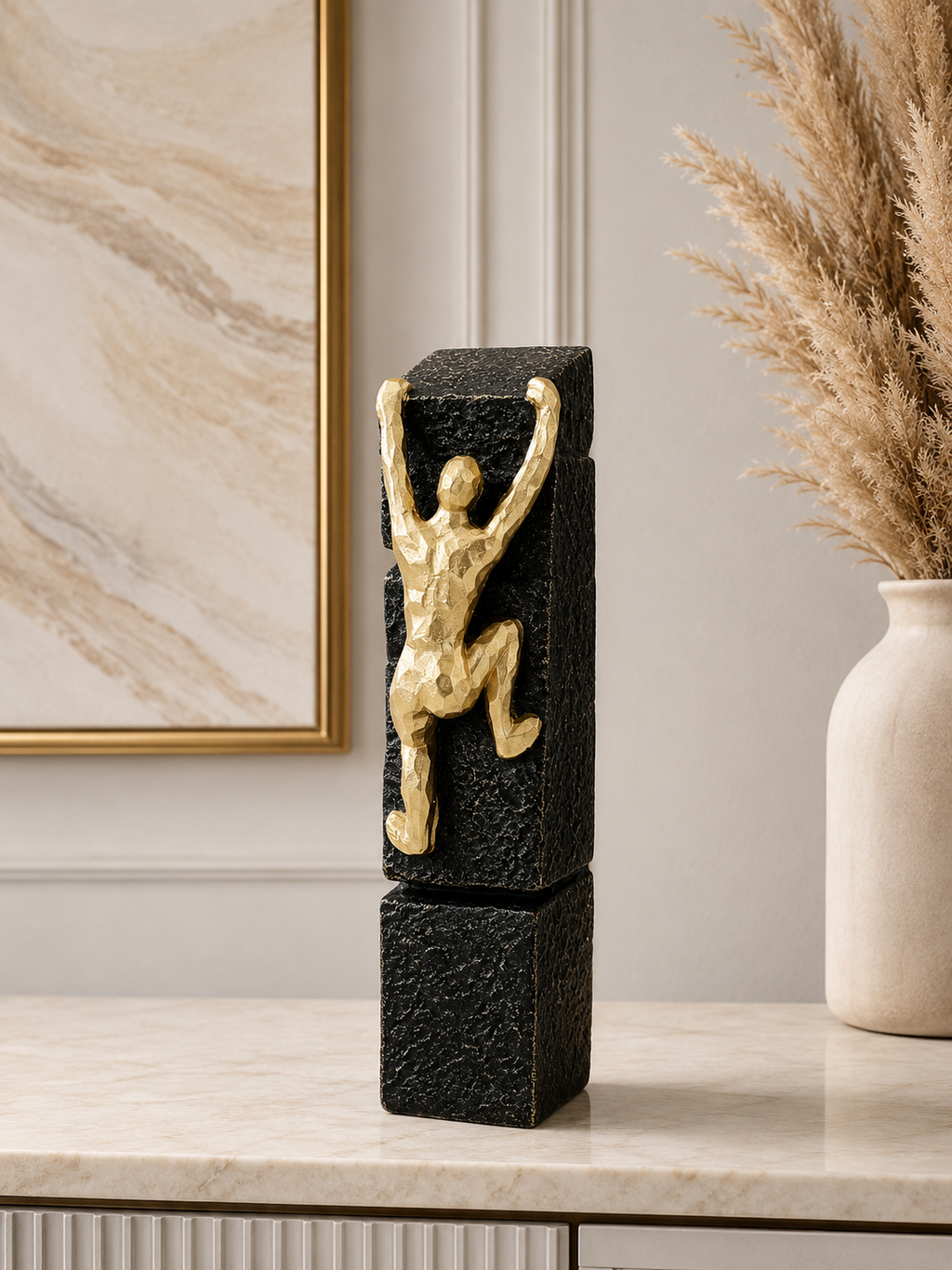 Luxury Golden Climbing Man Sculpture on Black Textured Base – Modern Decorative Showpiece