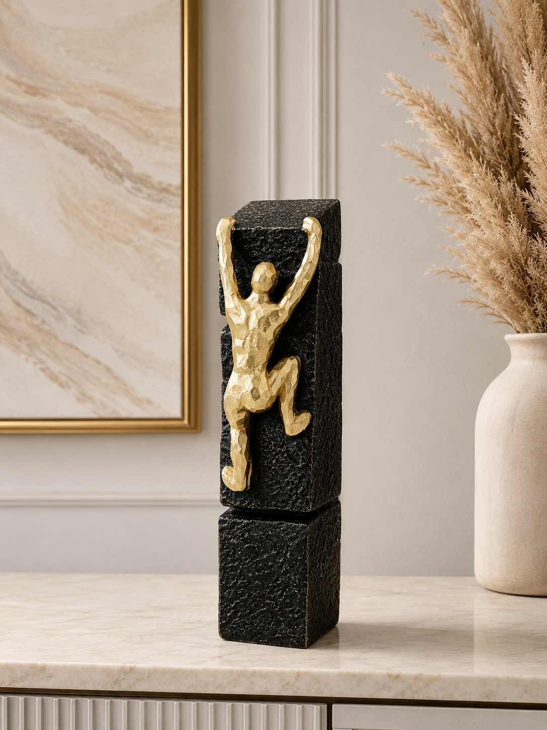 Luxury Golden Climbing Man Sculpture on Black Textured Base – Modern Decorative Showpiece