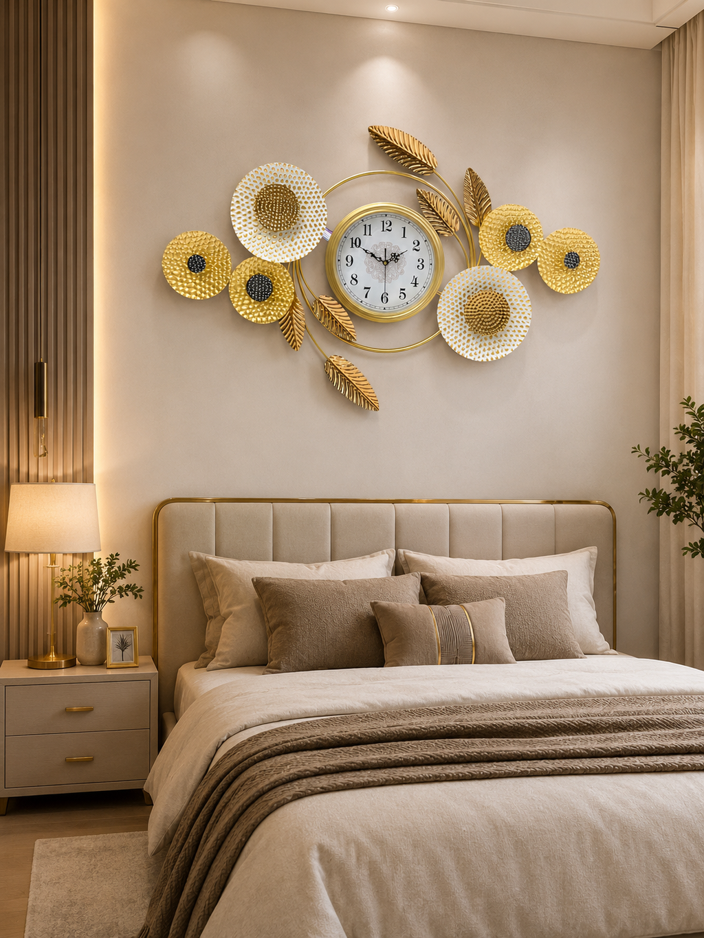 Luxury Golden Floral Wall Clock – Elegant Gold & White Flower Decorative Clock