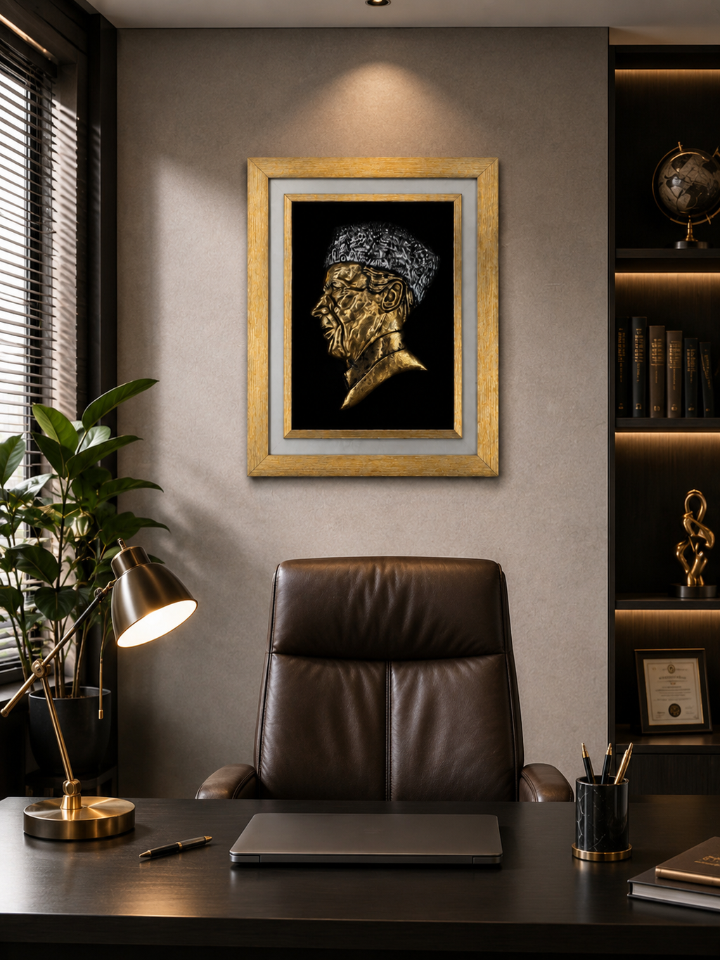 Luxury Golden Quaid e Azam Sculpture Vintage Portrait Wall Art Frame