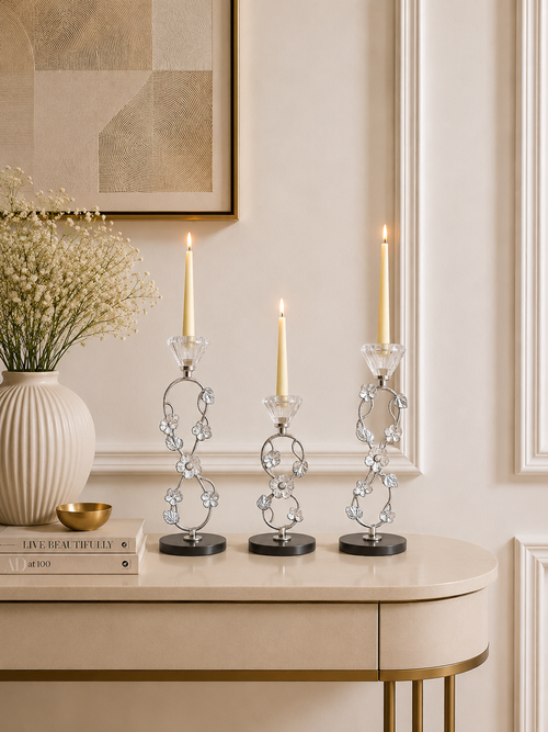 Elegant Silver Floral Crystal Taper Candle Holder Set of 3 – Decorative Metal Candlestick Stand