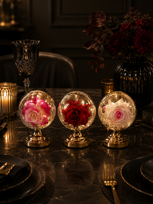 Enchanted Eternal Rose Acrylic Globe Lamp – Premium Metallic Gold Base LED Light
