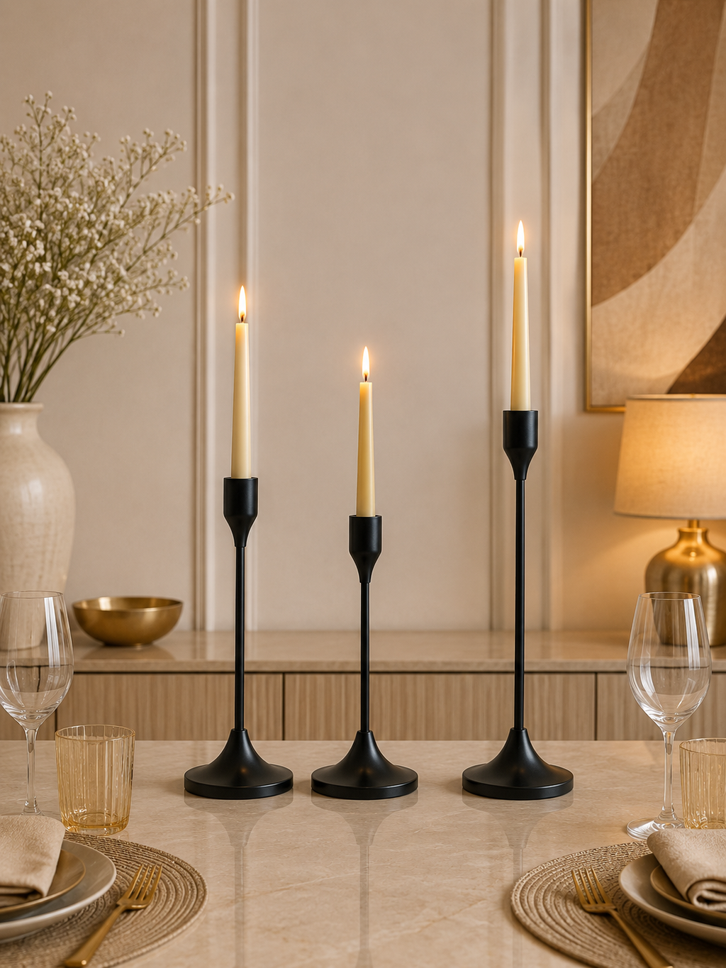 Modern Matte Black Metal Taper Candle Holder Set – Minimalist Decorative Candle Stand (Set of 3)