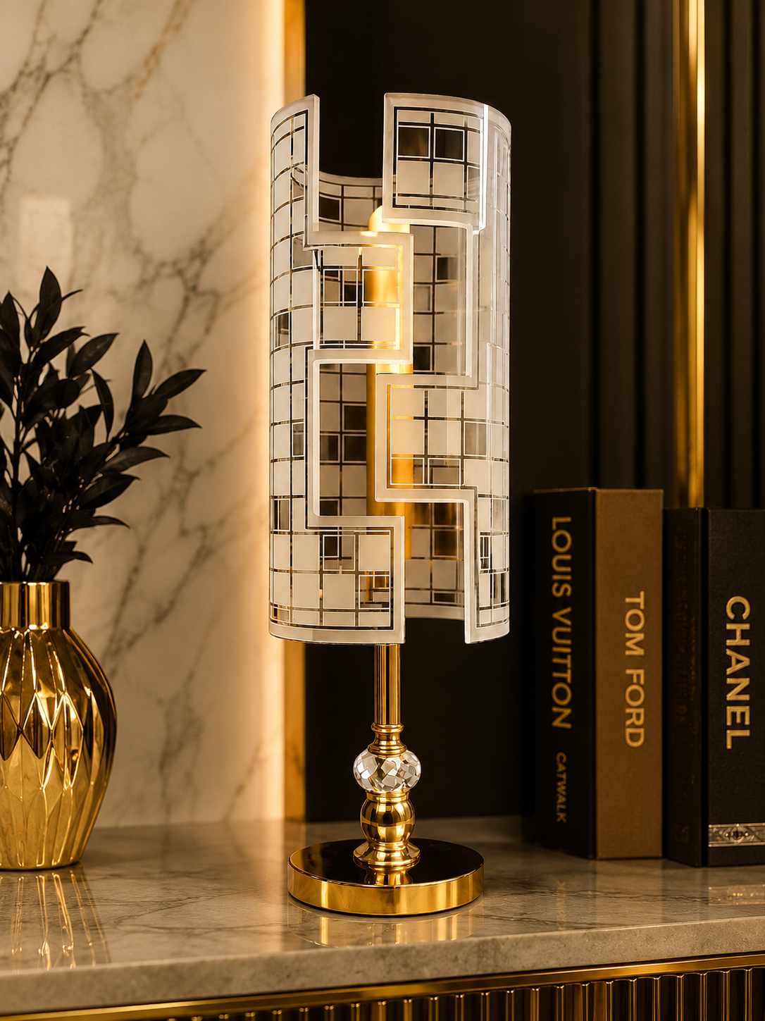 Modern Gold Geometric Grid Cylinder Table Lamp