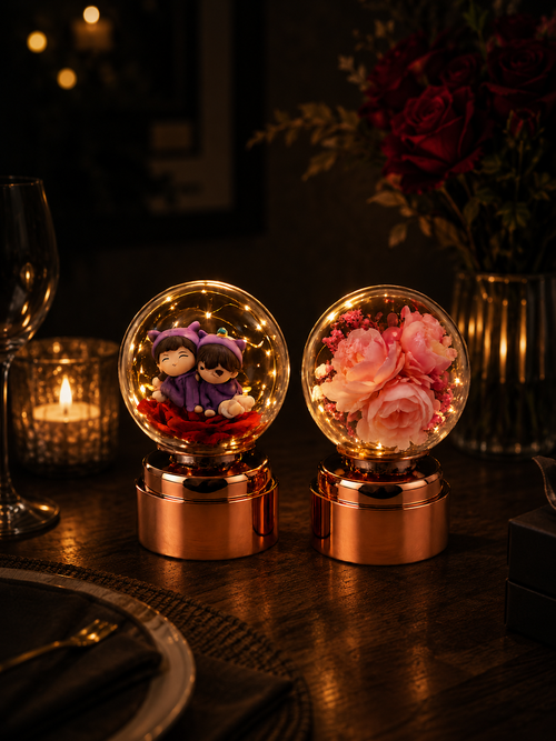 Enchanted Couple & Blossom Acrylic Globe Lamp – Rose Gold Base LED Ambiance Light