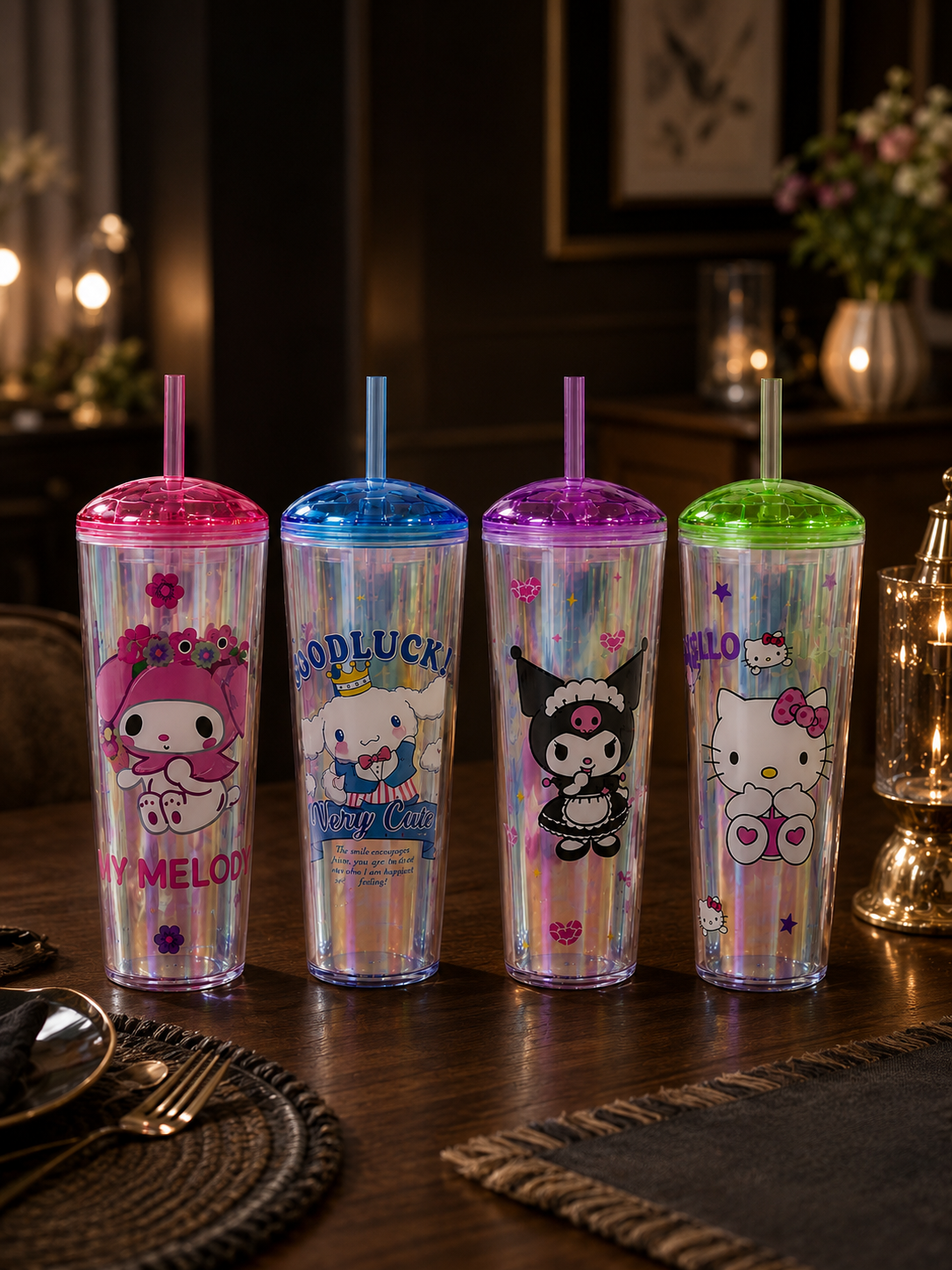 Cute Sanrio Character Holographic Sipper Tumbler – Double-Walled Travel Cup with Straw