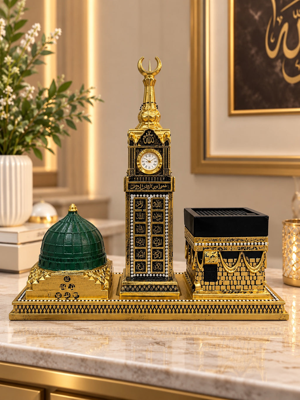 Luxury Islamic 3-Piece Kaaba, Madinah Dome & Islamic Clock Decor Set – Black & Gold