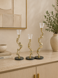 Luxury Floral Gold Metal Candle Holder Set of 3 with Crystal Cup – Decorative Table Centerpiece for Home Décor