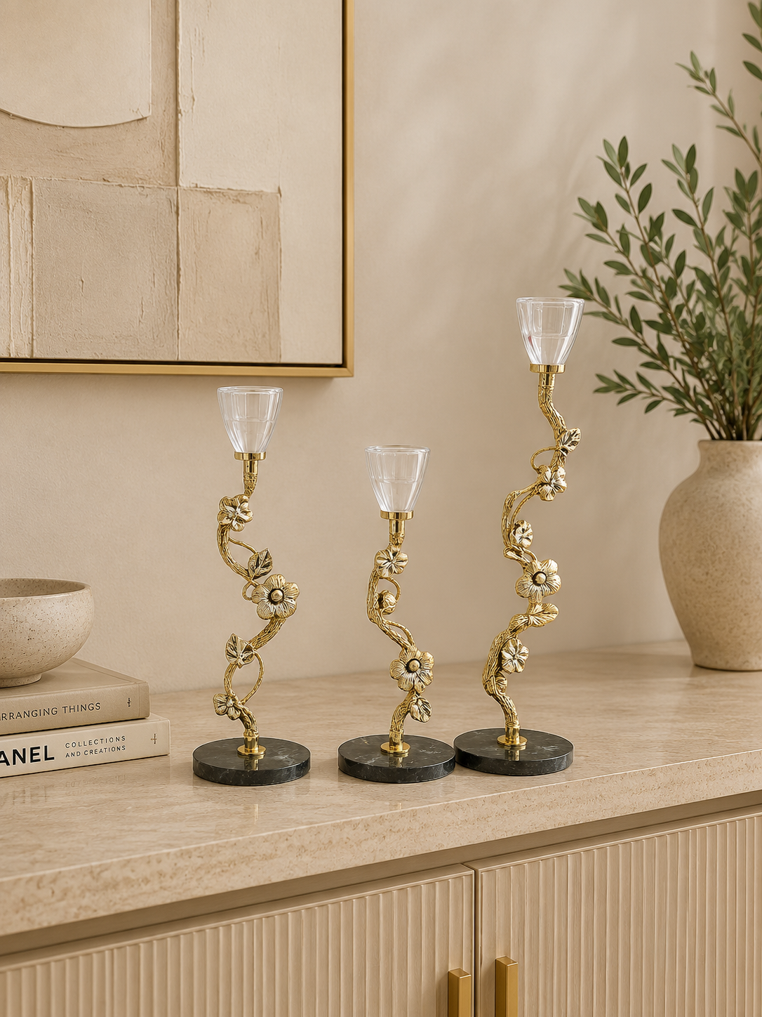 Luxury Floral Gold Metal Candle Holder Set of 3 with Crystal Cup – Decorative Table Centerpiece for Home Décor