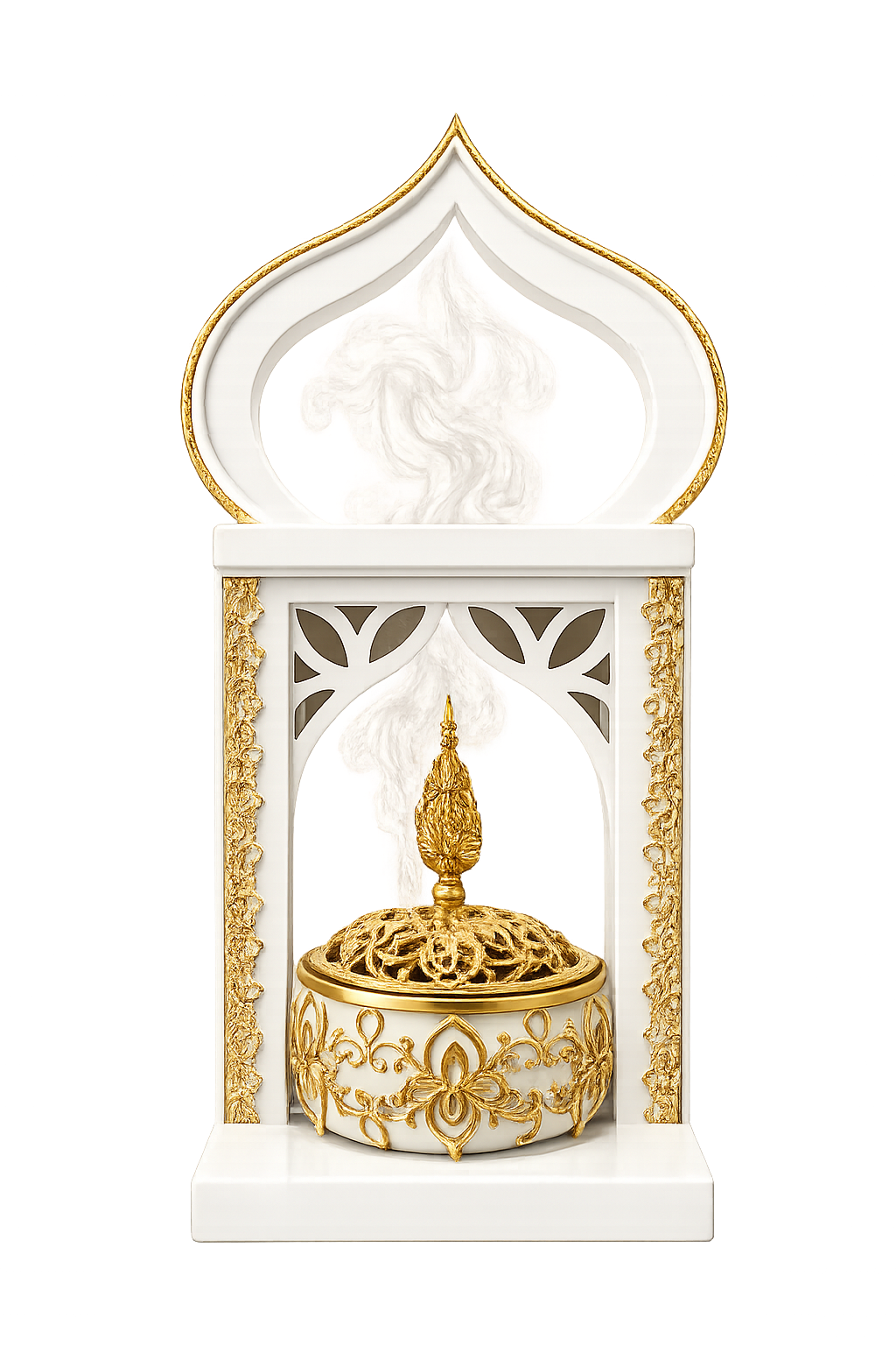 Luxury Islamic Incense Burner with Decorative Arch Frame | White & Gold Bakhoor Burner