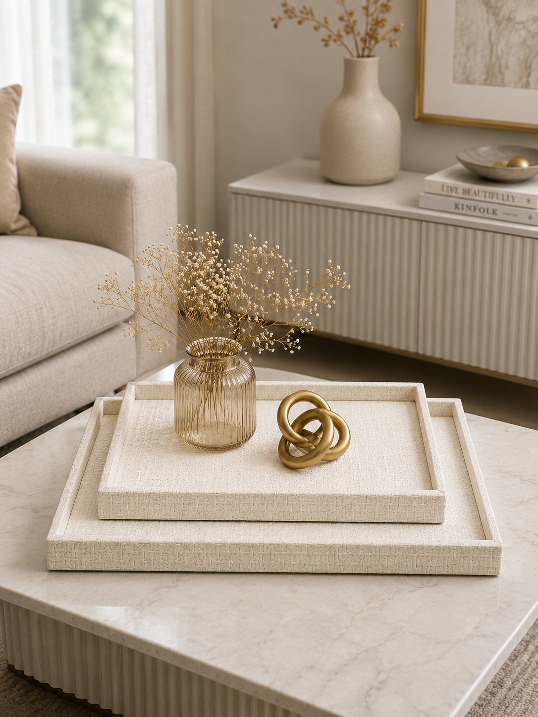 Luxury White Leather Serving Tray Set | Decorative Nesting Coffee Table Trays | Ottoman & Vanity Organizer (Set of 2)