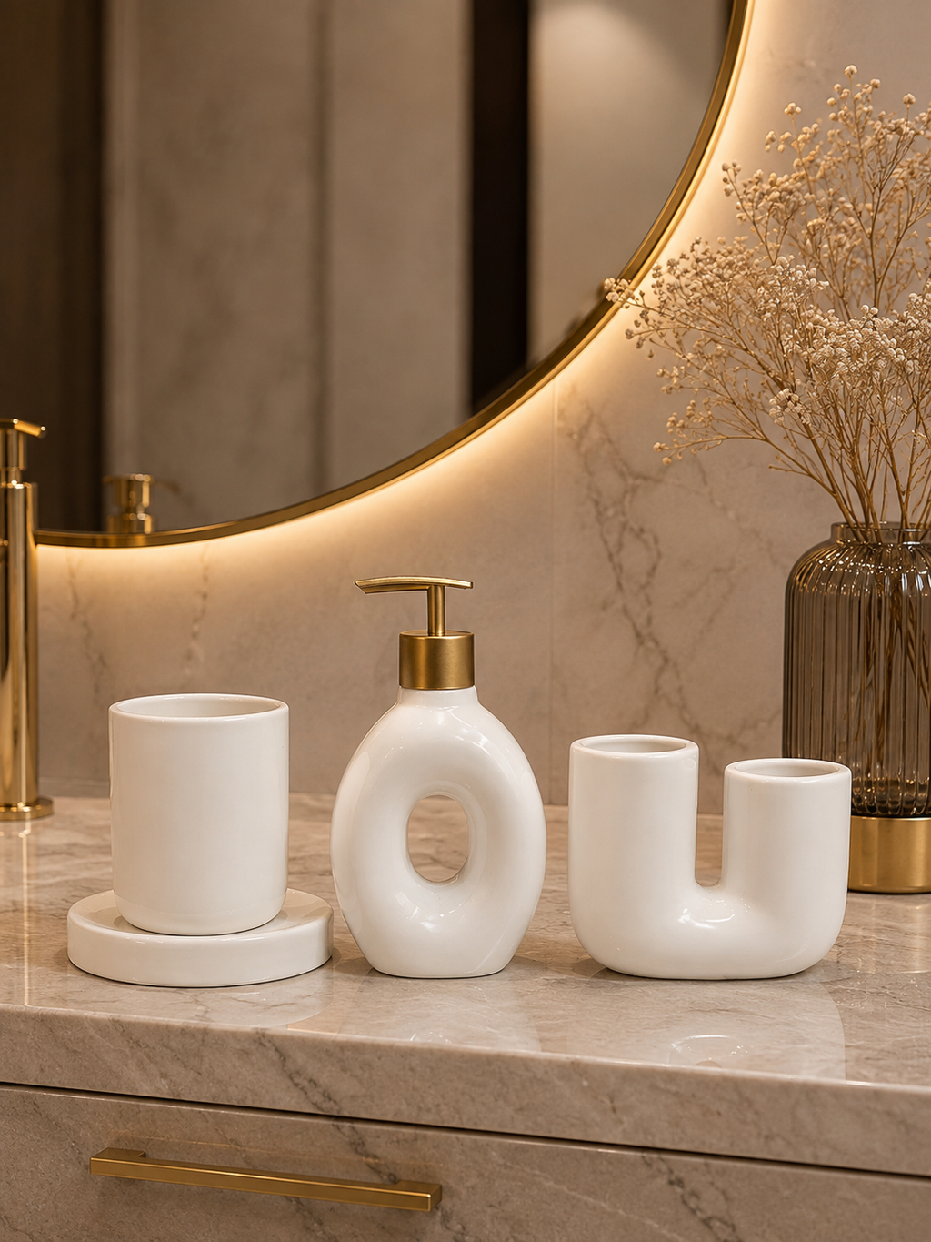 Modern 3-Piece Ceramic Bathroom Accessories Set | Soap Dispenser, Tumbler & Toothbrush Holder