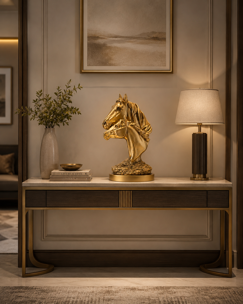 Luxury Golden Double Horse Head Sculpture | Modern Tabletop Decorative Showpiece