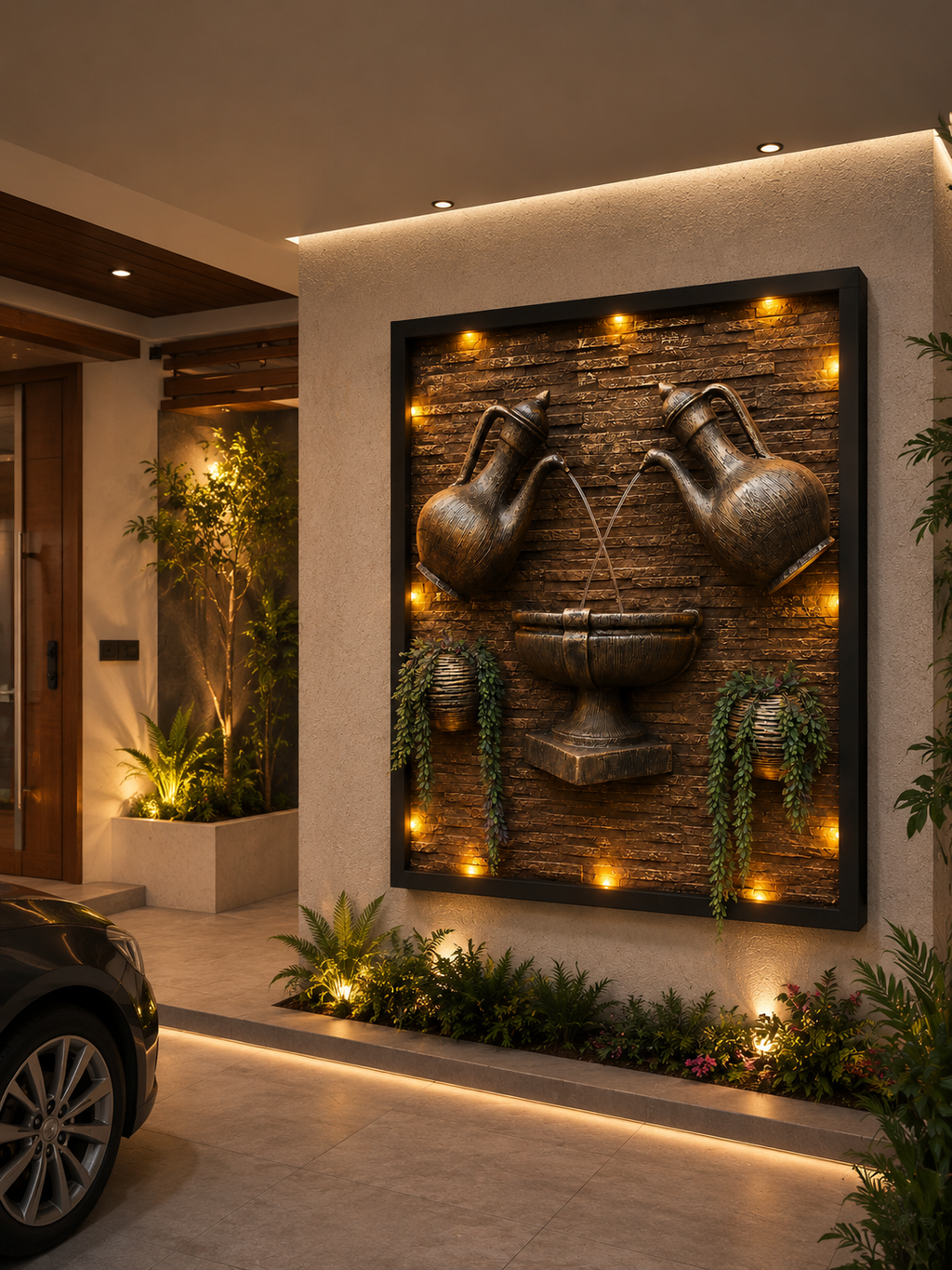Luxury Outdoor Fibreglass Wall Fountain with LED Lights | Modern Garden Water Feature | Custom Size Available