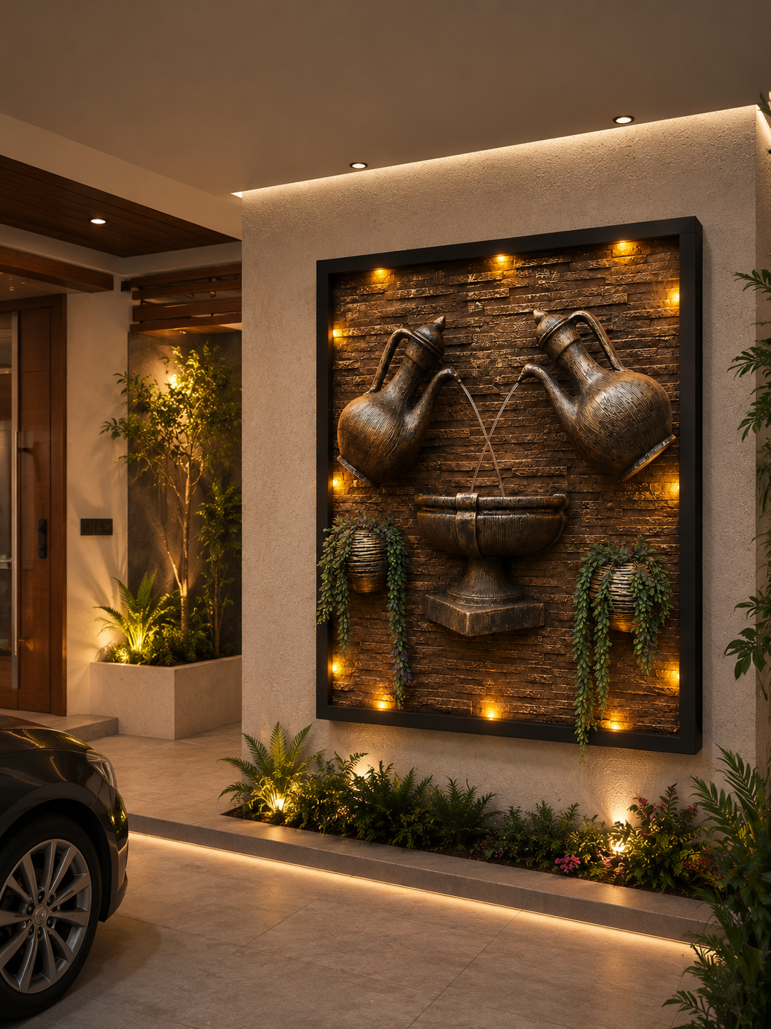 Luxury Outdoor Fibreglass Wall Fountain with LED Lights | Modern Garden Water Feature | Custom Size Available