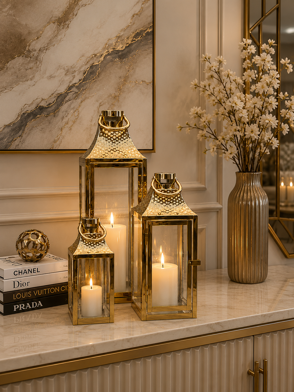 Luxury Gold Metal Lantern Set of 3 | Decorative Candle Holders with Glass | Modern Home Decor