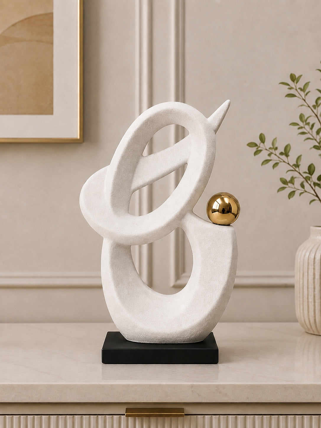 Modern Abstract Loop Sculpture with Gold Accent & Black Base