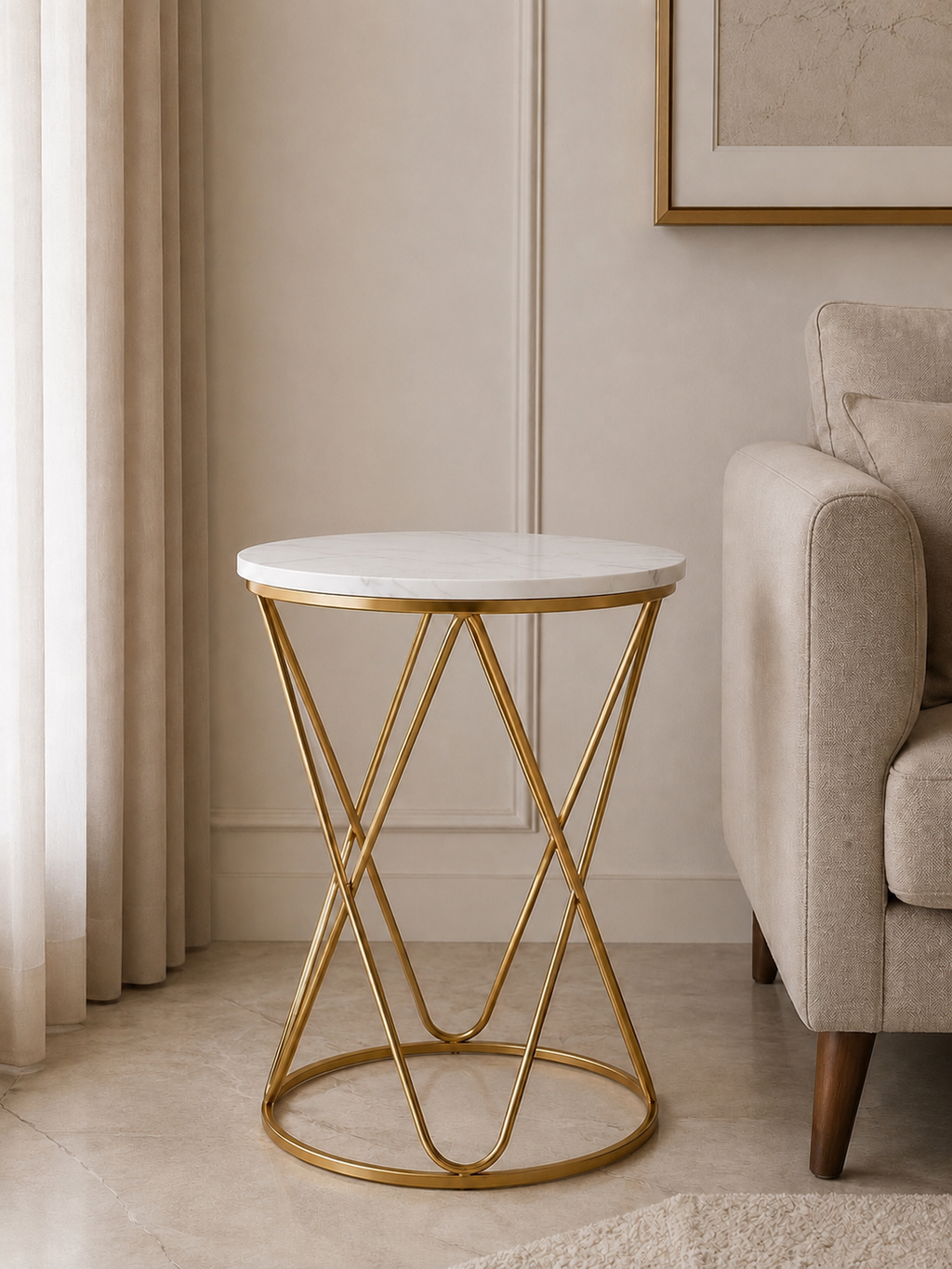Modern Round Wooden Top Side Table | Gold Metal Frame Accent Table | Luxury End Table