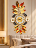 Luxury Gold & Red Leaf Wall Clock – Elegant Floral Decorative Metal Wall Art