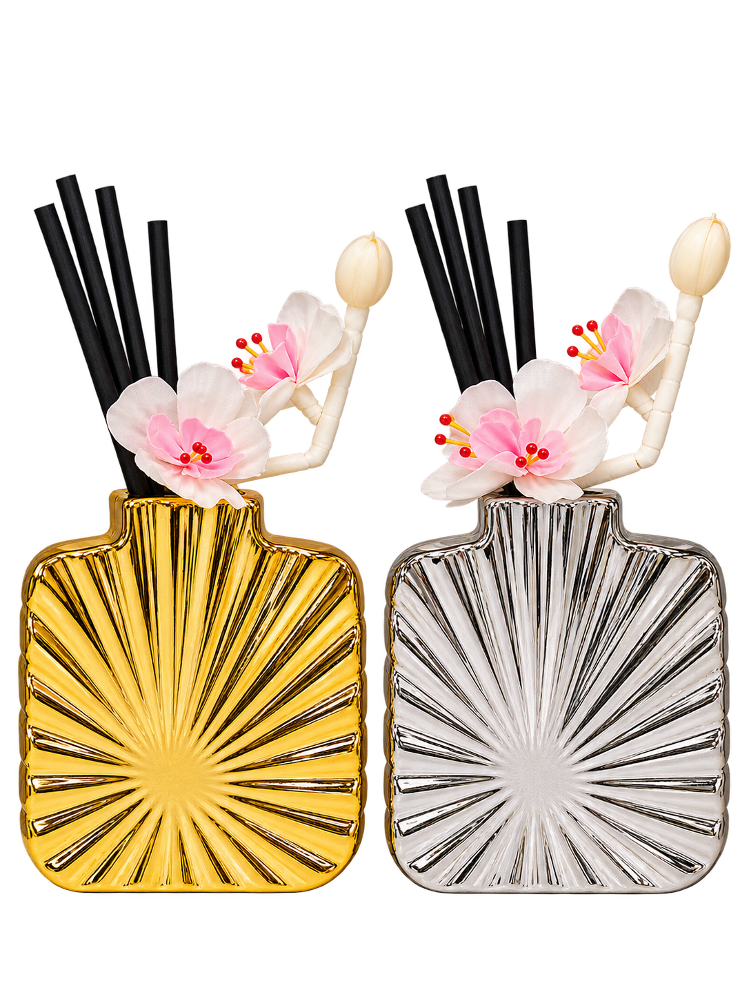 Luxury Floral Reed Diffuser Vase Set – Pink Flowers with Gold & Silver Sunburst Design