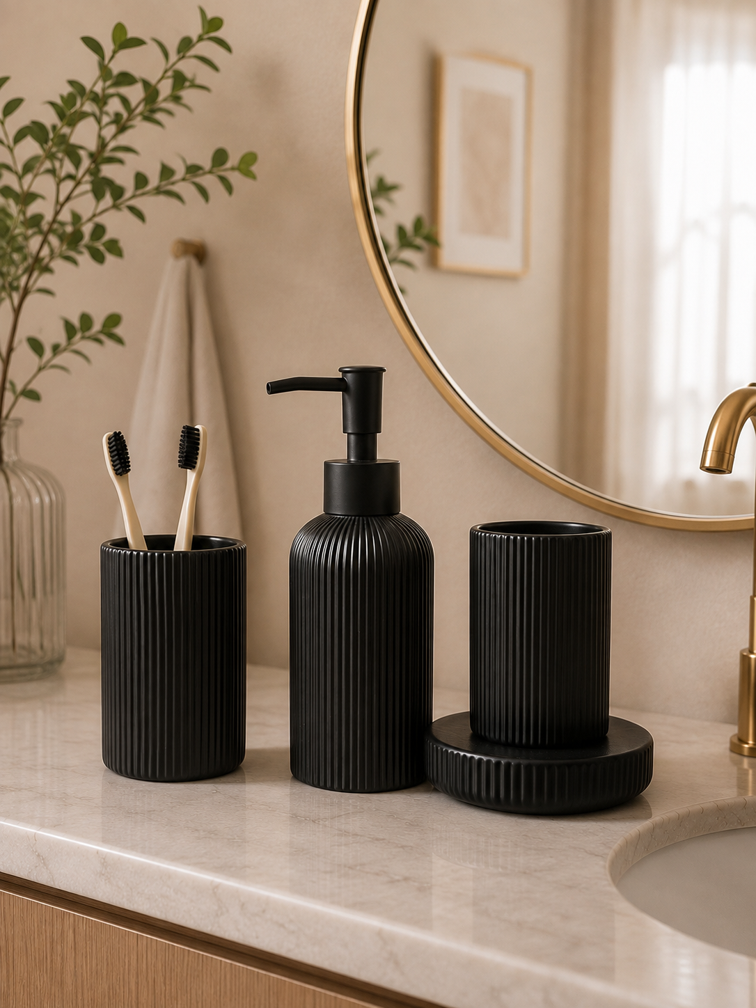 4-Piece Ribbed Ceramic Bathroom Accessories Set | Soap Dispenser, Toothbrush Holder, Tumbler & Soap Dish