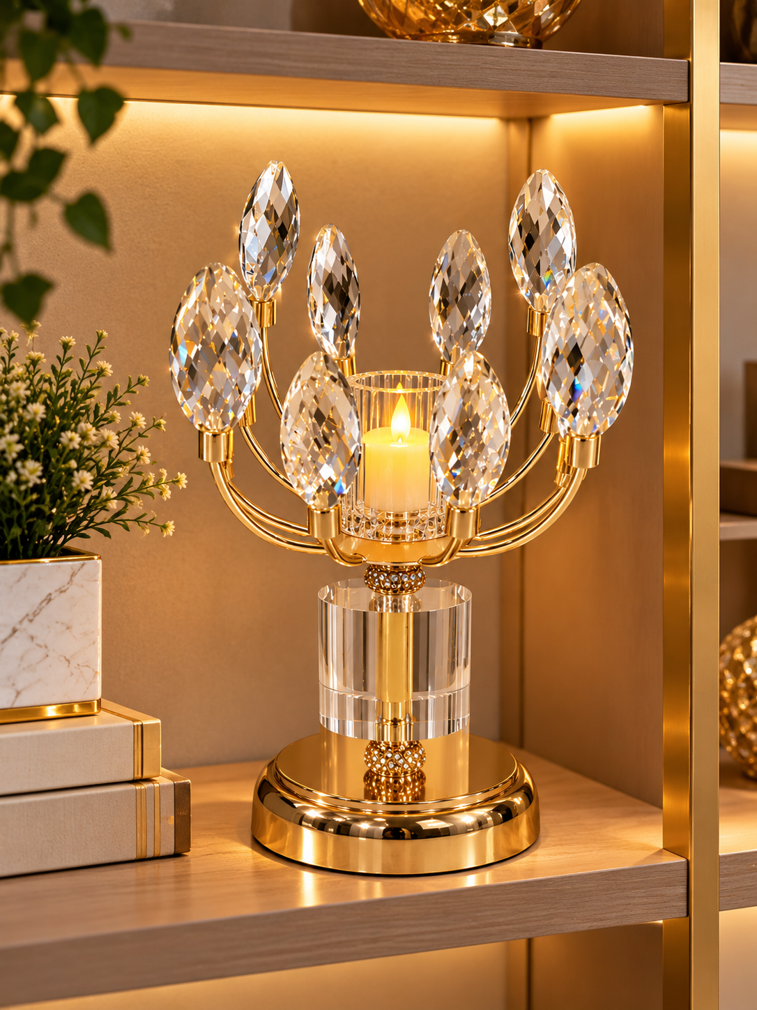 Luxury Gold Crystal Lotus Candle Holder – Elegant Floral Crystal Table Decor