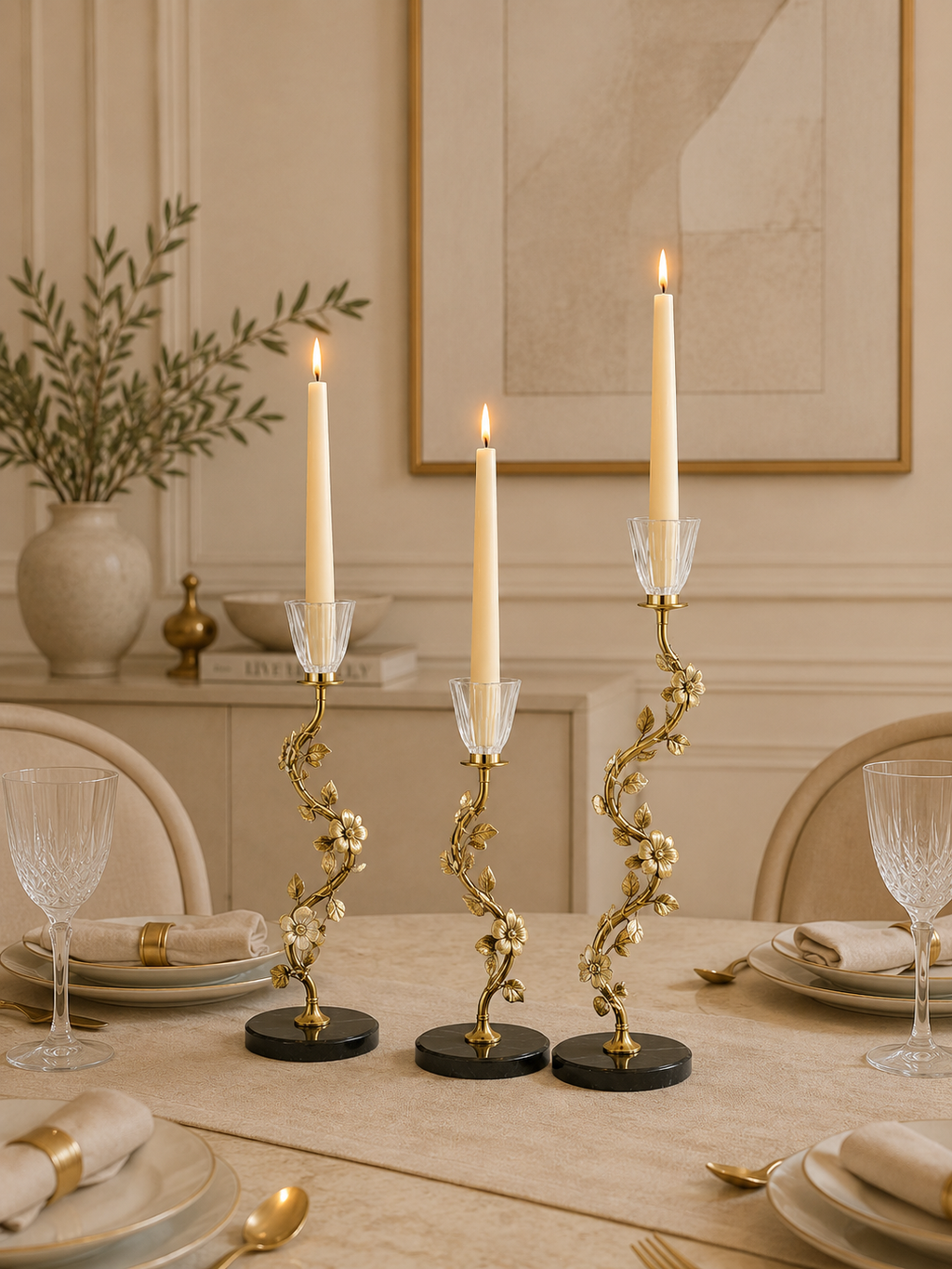 Luxury Floral Gold Metal Candle Holder Set of 3 with Crystal Cup – Decorative Table Centerpiece for Home Décor