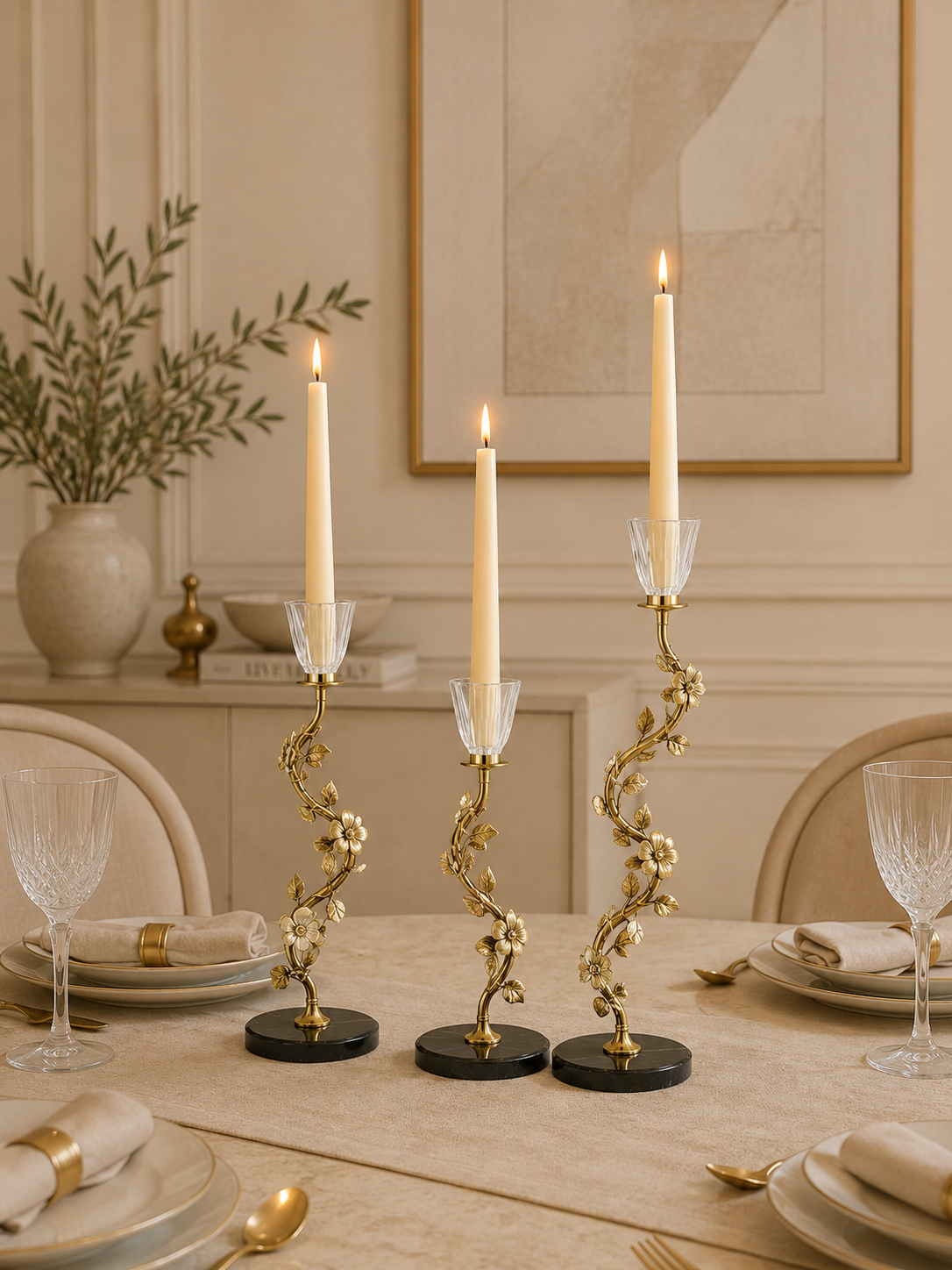 Luxury Floral Gold Metal Candle Holder Set of 3 with Crystal Cup – Decorative Table Centerpiece for Home Décor