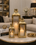 Luxury Gold Metal Lantern Set of 3 | Decorative Candle Holders with Glass | Modern Home Decor