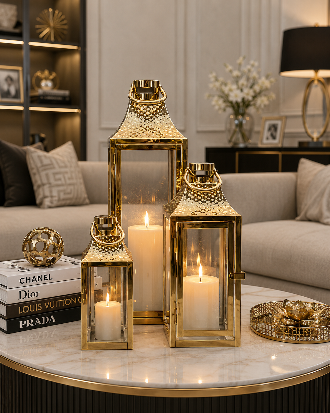 Luxury Gold Metal Lantern Set of 3 | Decorative Candle Holders with Glass | Modern Home Decor