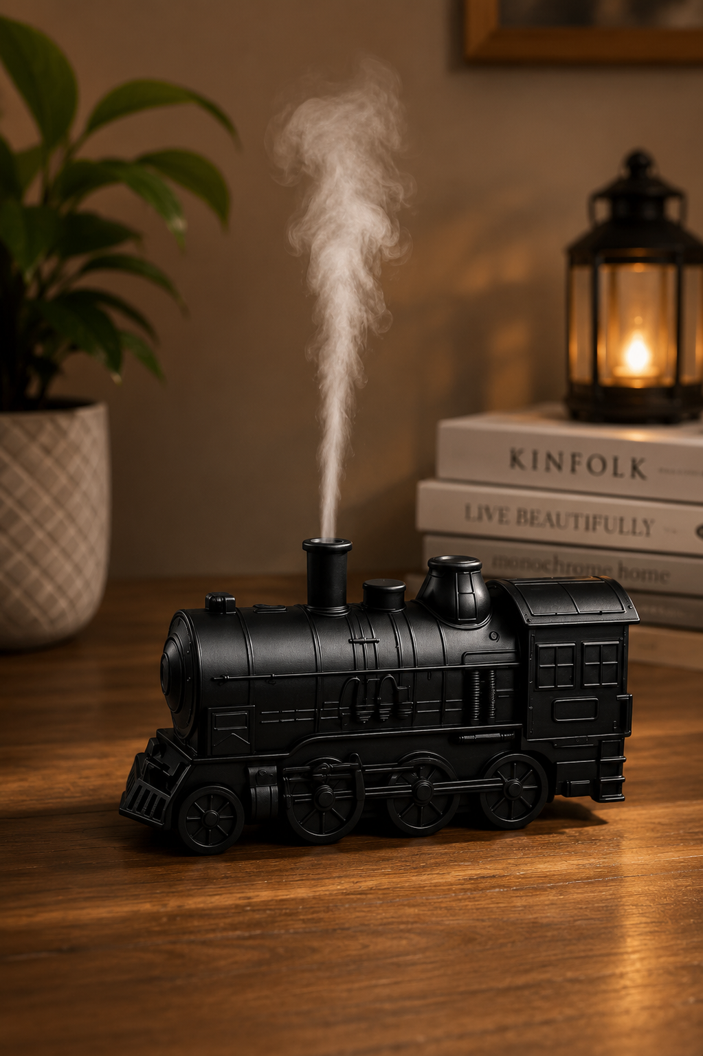 Vintage Steam Train Aroma Diffuser Humidifier with Realistic Smoke Effect | Ultrasonic Essential Oil Diffuser | Black Decorative Home Décor