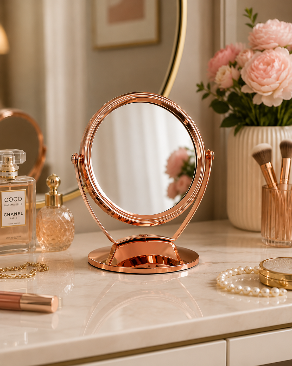 360° Rotating Rose Gold Vanity Mirror – Round / Heart / Round Variant – Makeup & Dressing Table Mirror