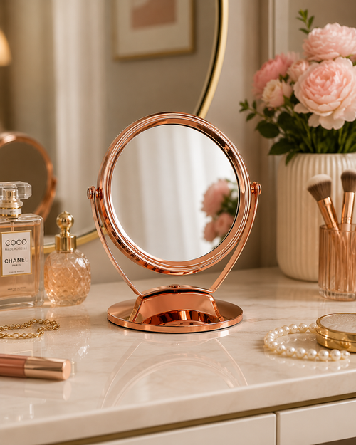 360° Rotating Rose Gold Vanity Mirror – Round / Heart / Round Variant – Makeup & Dressing Table Mirror