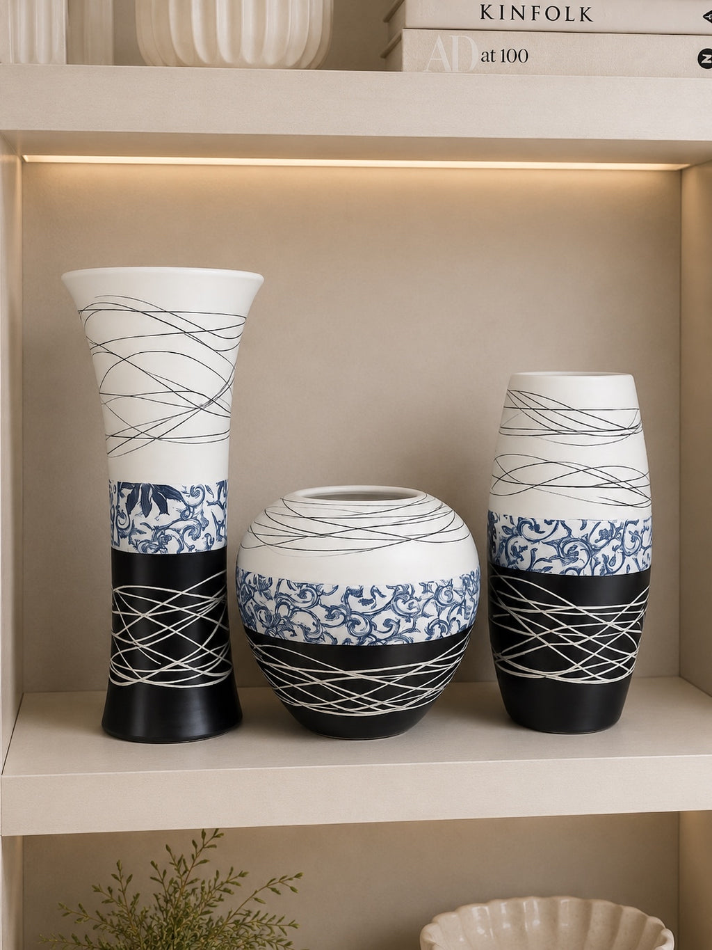 Modern Black & White Ceramic Decorative Vase Set | Luxury Home Décor Flower Vases (Set of 3)