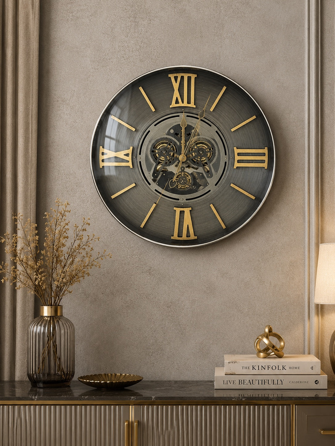 Luxury Vintage Skeleton Wall Clock – Black & Gold Roman Numeral Decorative Clock