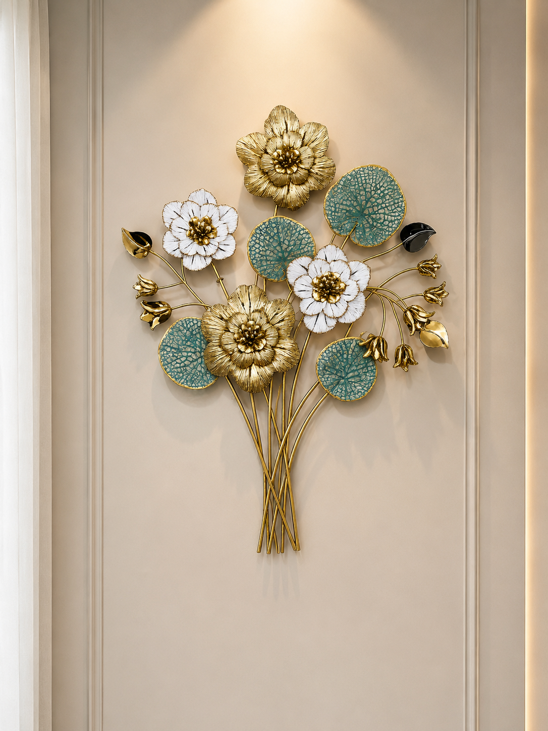 Luxury Floral Metal Wall Art | 3D Gold & White Flower Wall Decor with Blue Leaves